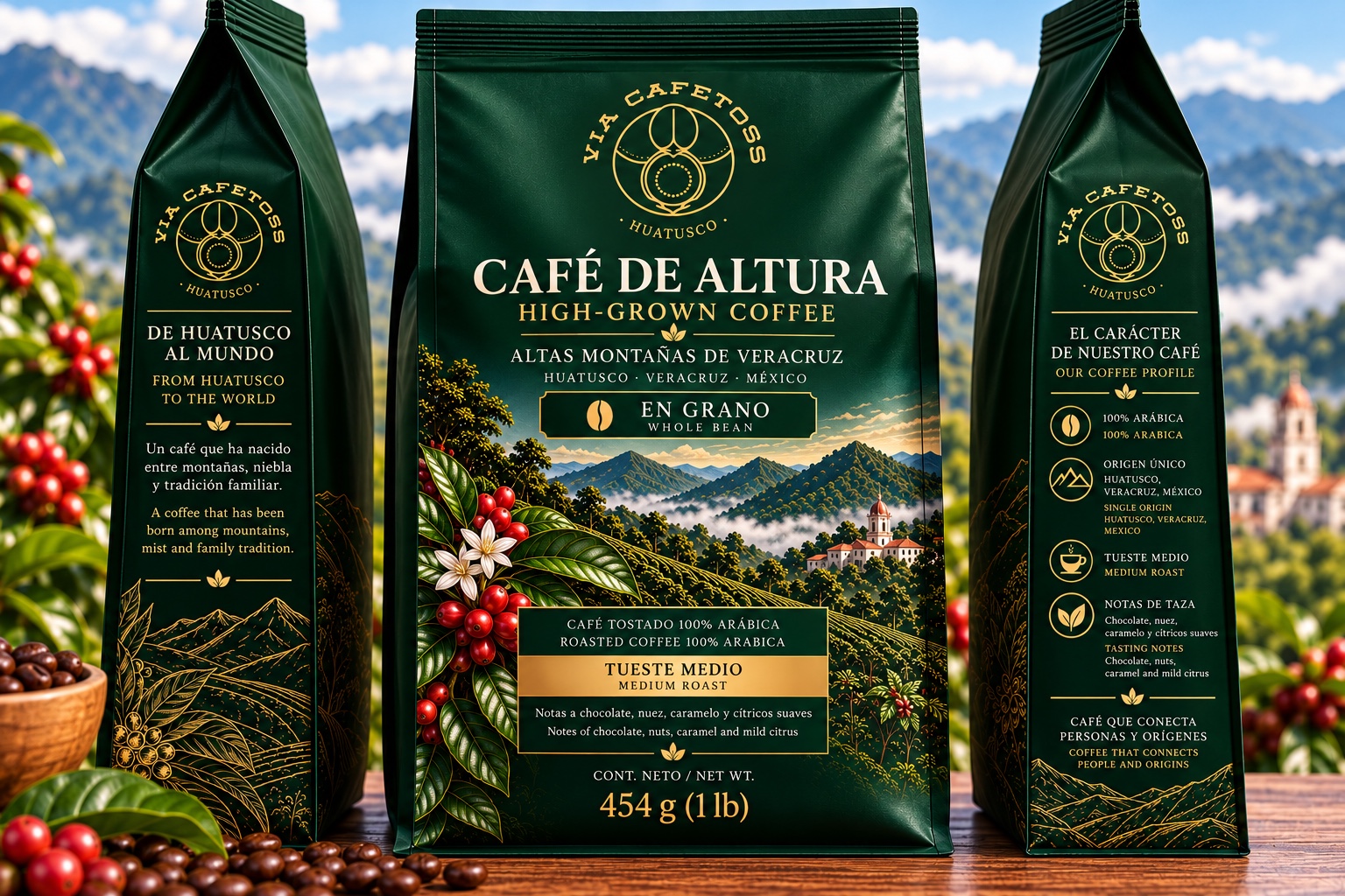 Diseño provisional del empaque Café de Altura Vía Cafetoss, verde oscuro y dorado, 454 g