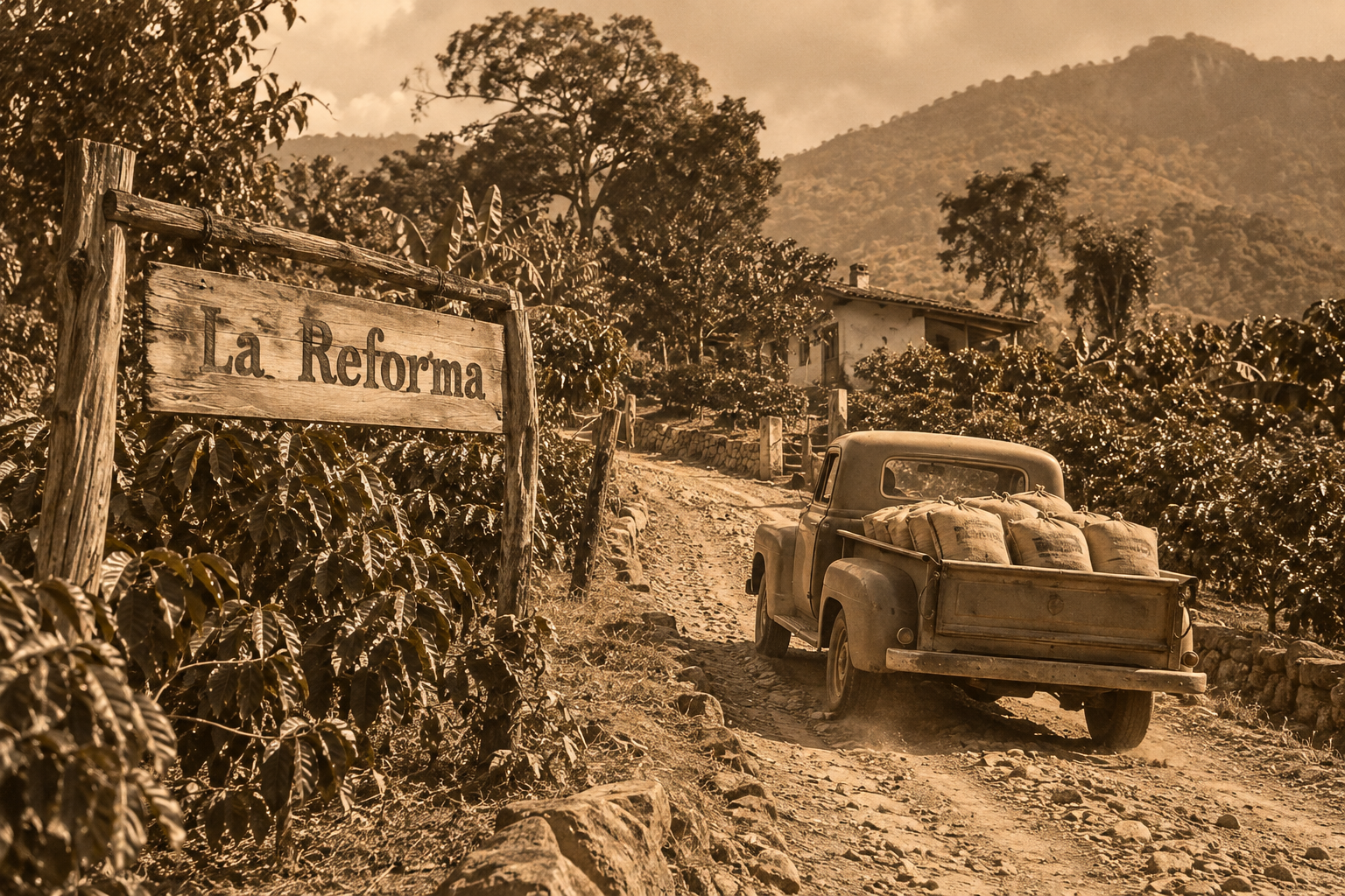 Fotografía histórica de Finca La Reforma con camioneta antigua y letrero