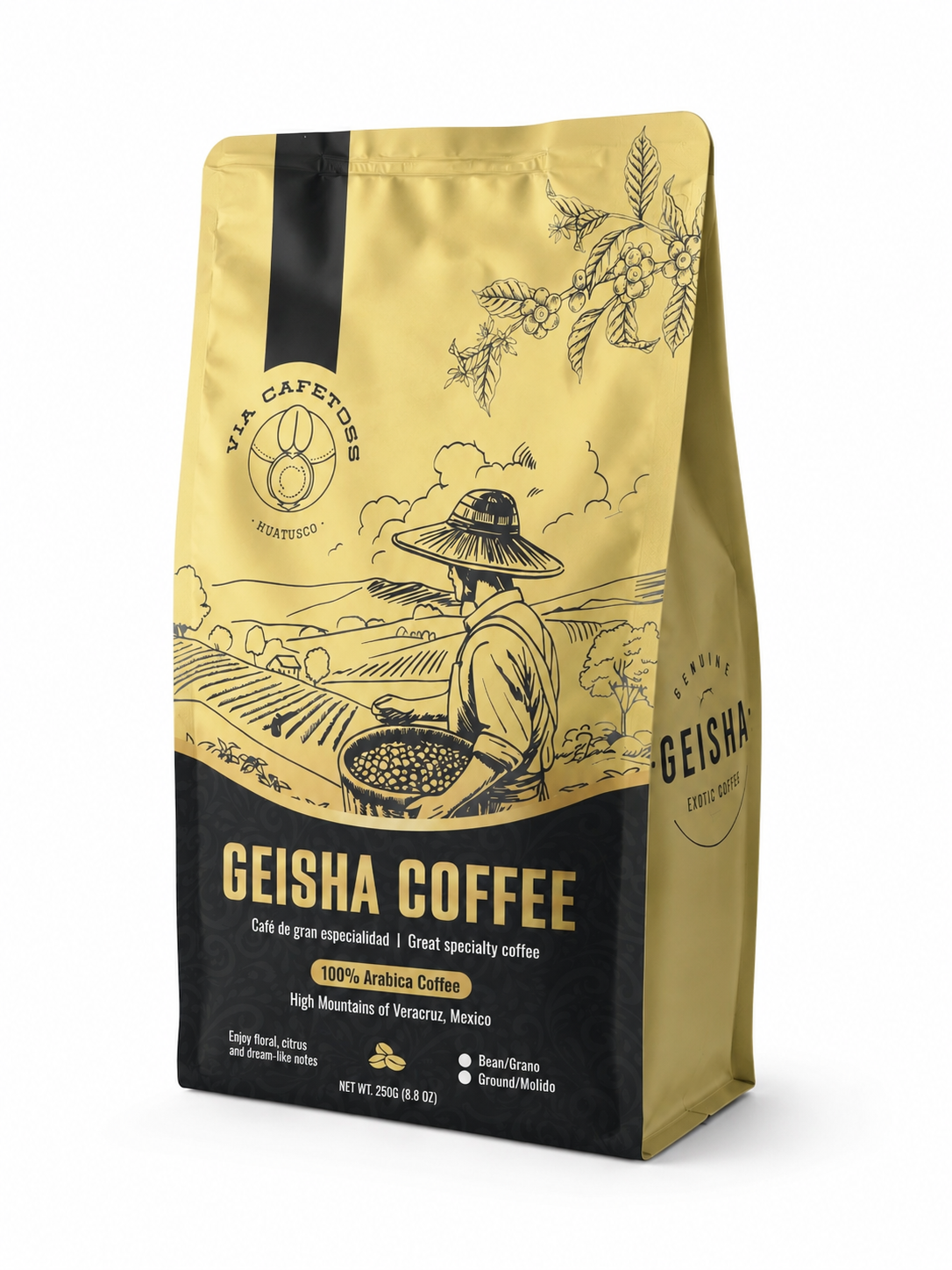Fotografía original de la bolsa de café Geisha Vía Cafetoss, dorada y negra