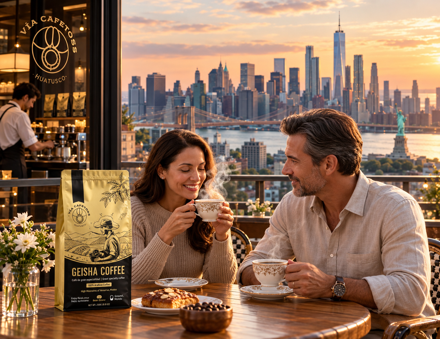 Imagen conceptual: pareja disfrutando café Vía Cafetoss Geisha en una cafetería con vista a Nueva York