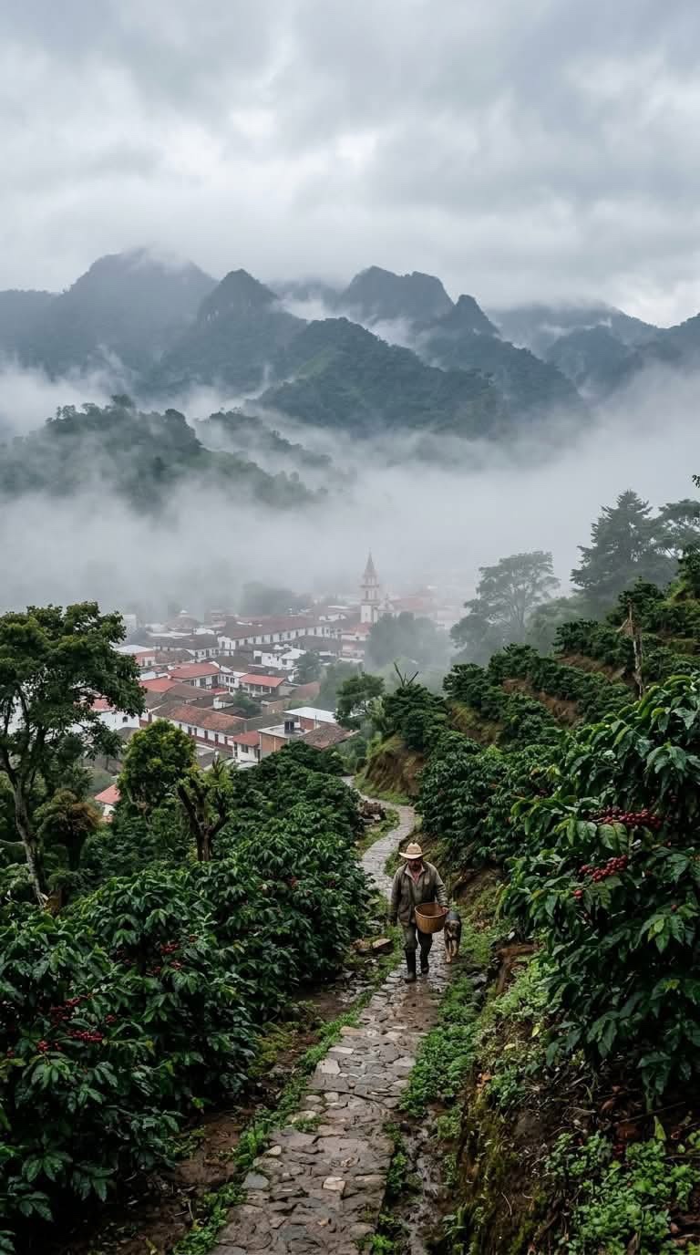 Portada original aprobada: camino entre cafetales, Huatusco entre montañas y neblina